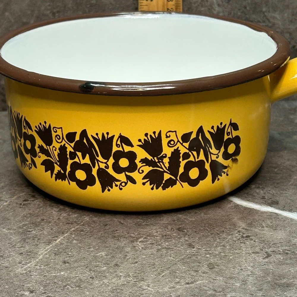 Vintage Yellow Enamelware Saucepan Brown Floral Pattern Retro Kitchen Pot 6 Inch